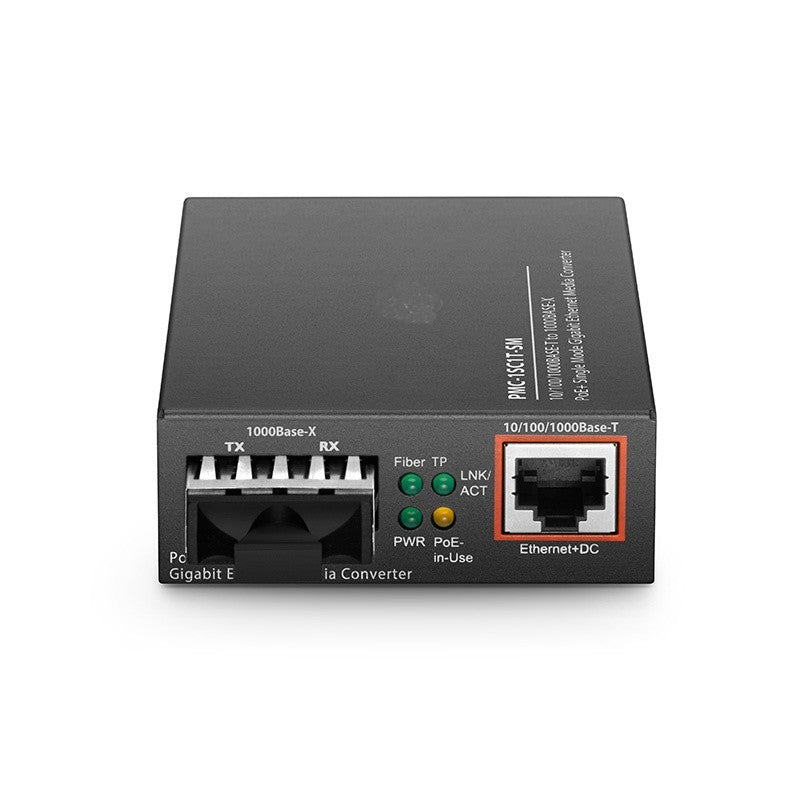 1x 10/100/1000Base-T to 1x 1000Base-X Single Mode SC 1310nm 10km Gigabit Ethernet PoE+ Media Converter, American Plug Standard