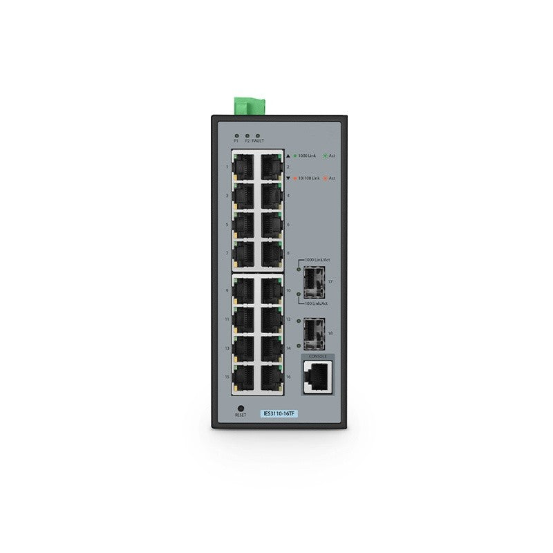 IES3110-16TF, 16-Port Gigabit Ethernet L2 Managed Industrial Switch, 16 x 10/100/1000BASE-T, with 2 x 1Gb SFP, -40 to 75°C Operating Temperature