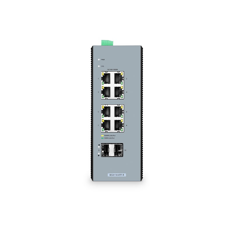 IES3110-8TF-R, 8-Port Gigabit Ethernet L2+ Managed Industrial Switch, 8 x 10/100/1000BASE-T, with 2 x 1Gb SFP, -40 to 85°C Operating Temperature