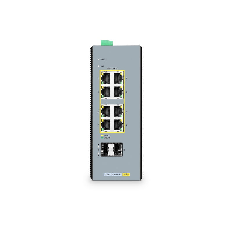 IES3110-8TFP-R, 8-Port Gigabit Ethernet L2+ Managed Industrial PoE+ Switch, 8 x PoE+ Ports @240W, with 2 x 1Gb SFP, -40 to 75°C Operating Temperature