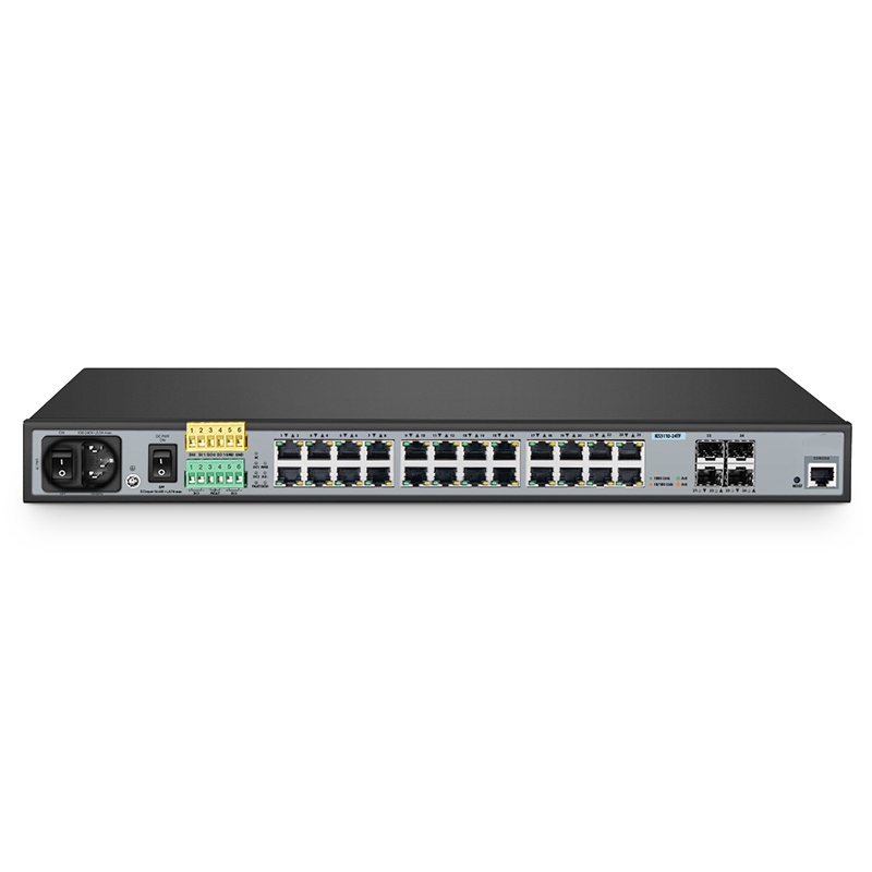 IES3110-24TF, 24* 10/ 100/ 1000Base-T adaptive RJ45 ports and 4* 100/ 1000Base-X  uplink SFP fiber ports (including 2 combo ports)