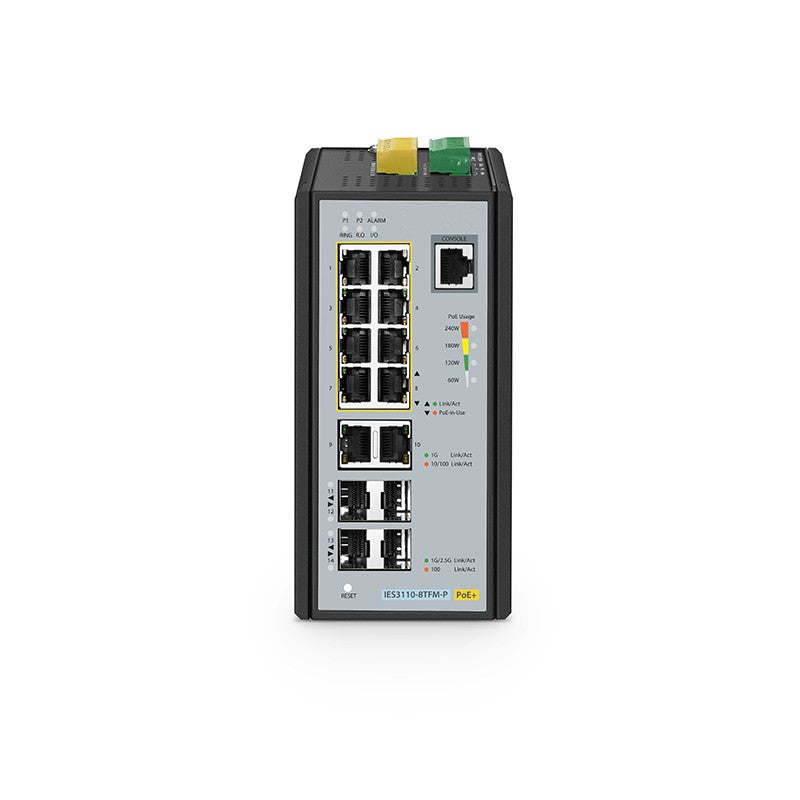 IES3110-8TFM-P, 8-Port Gigabit Ethernet L2+ Managed Industrial PoE+ Switch, 8 x PoE+ Ports @240W, and 2 x 10/100/1000BASE-T, with 2 x 1Gb SFP, 2 x 1G/2.5G SFP, -40 to 75°C Operating Temperature