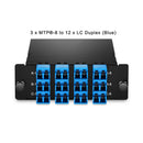 FHD MTP®-LC Cassette, OS2 Single Mode, Universal, 24 Fibers, 3 x MTP®-8 (Male) to LC (Blue), 0.35dB max