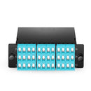 FHD MTP®-LC Cassette, OM4 Multimode, 36 Fibers, 3 x MTP®-12 (Male) to 18 x Shuttered LC Duplex (Aqua), 0.35dB max