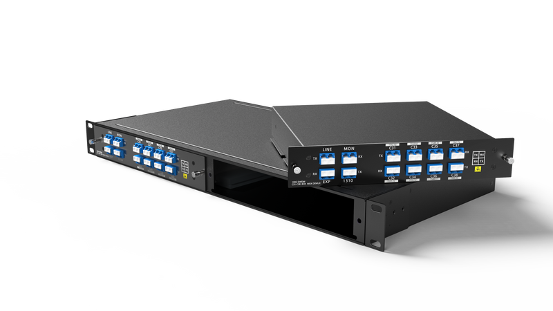 8 Channels DWDM Mux Demux, 100GHz C53-C60, with Monitor, Expansion and 1310nm Port, 2.4dB Typical IL, LC/UPC, Dual Fiber, FMU Plug-in Module, CWDM/DWDM Hybrid Solution