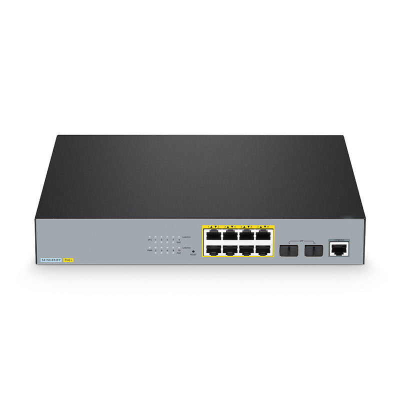 S3150-8T2FP Compatible, 8-Port Gigabit Ethernet L2+ PoE+ Switch, 8 x PoE+ Ports@130W, with 2 x 1Gb SFP, Fanless