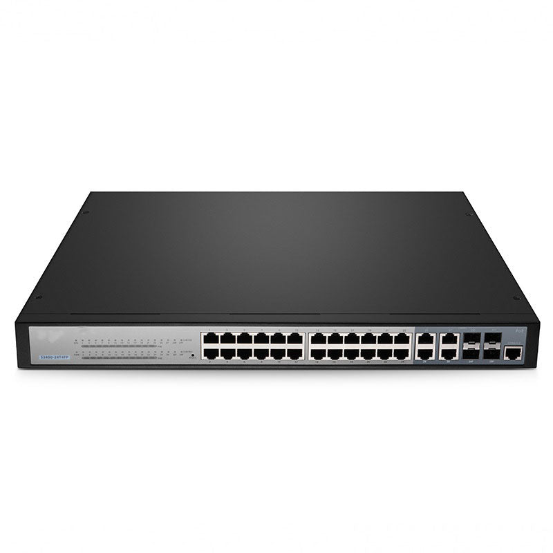 S3400-24T4FP Compatible, 24-Port Gigabit Ethernet L2+ PoE+ Switch, 24 x PoE+ Ports @370W, with 4 x 1Gb Combo Uplinks, Support ERPS