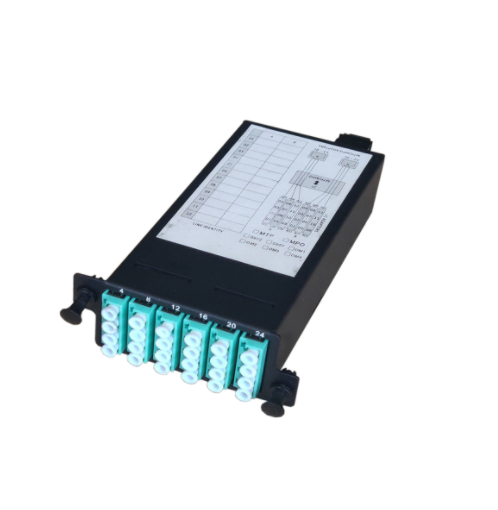 FUD MTP®-8 Cassette, 8 Fibers OM4 Multimode, MTP® to 4x LC Duplex (Aqua), 0.35dB max