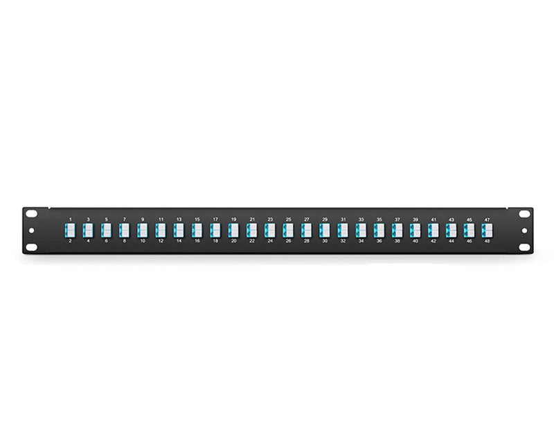 FHU 1U 19'' Fiber Adapter Panel, 48 Fibers OM4 MultiMode, 24x LC UPC Duplex (Aqua) Adapter, Ceramic Sleeve