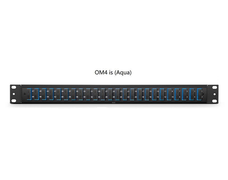 FHU 1U 19'' Fiber Adapter Panel, 48 Fibers OM4 Multimode, 24x SC UPC Duplex (Aqua) Adapter, Ceramic Sleeve